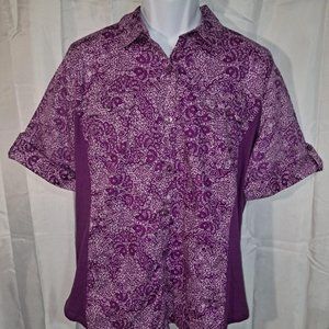 Men's Button-Up Short Sleeve Shirt XL Basic Editions Purple White Western Style
